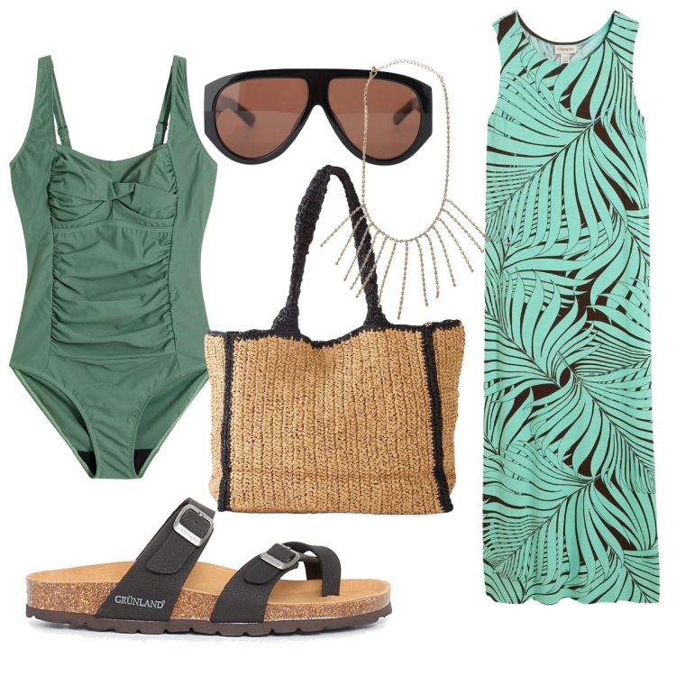 Outfit donna - Moderna in spiaggia. Stile Boho per Mare. Abbinamento con costumi interi, shopping bag, vestiti, collane, occhiali da sole, infradito.