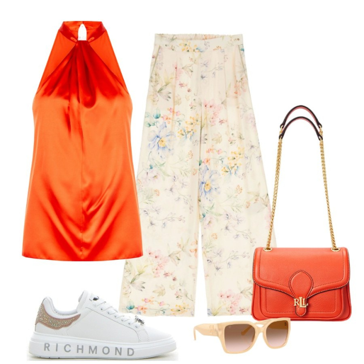 Outfit donna - Colore corallo, energia d’estate. Stile Casual per Tutti i giorni. Abbinamento con top, pantaloni, occhiali da sole, borse a spalla, sneakers.