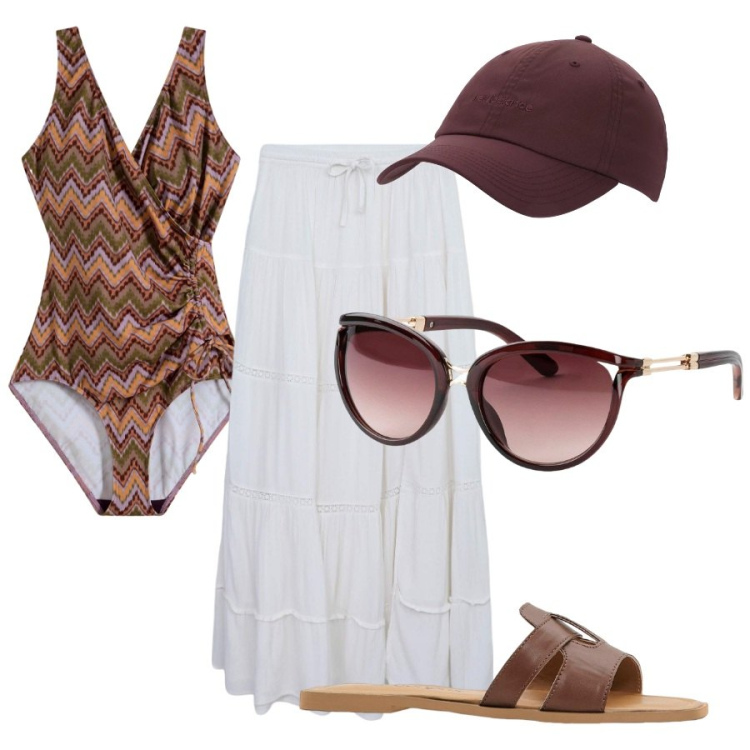 Outfit donna - Vacanze con il costume intero. Stile Glamour per Mare. Abbinamento con occhiali da sole, ciabatte, costumi interi, gonne lunghe, cappelli.