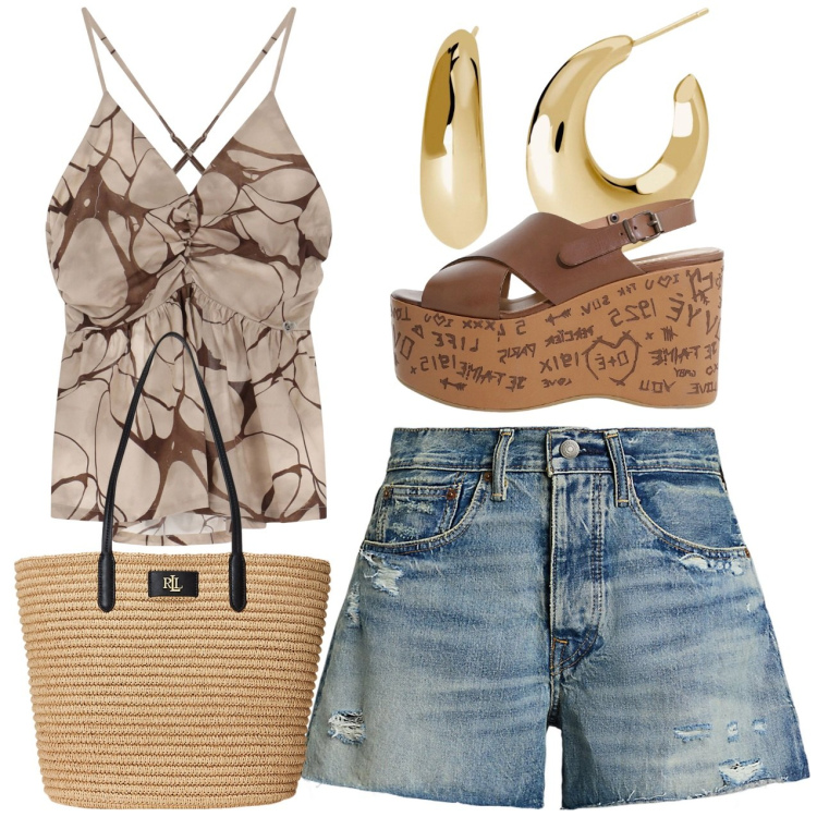Outfit donna - Estate in città. Stile Casual chic per Tutti i giorni. Abbinamento con orecchini, canottiere, zeppe, shorts, borse tote.