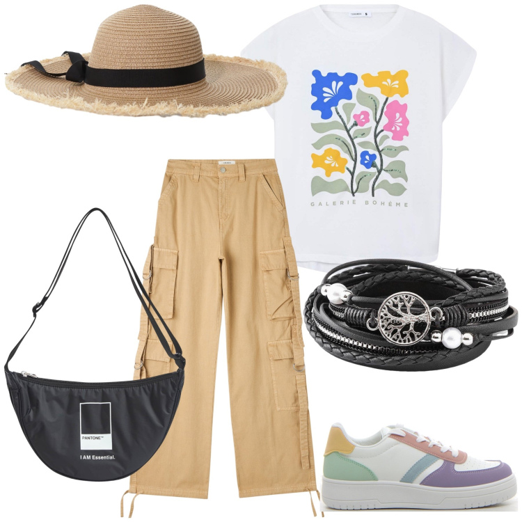 Outfit donna - Passeggiata tra i fiori. Stile Casual chic per Tutti i giorni. Abbinamento con braccialetti, t-shirt, pantaloni cargo, marsupi, cappelli, sneakers.