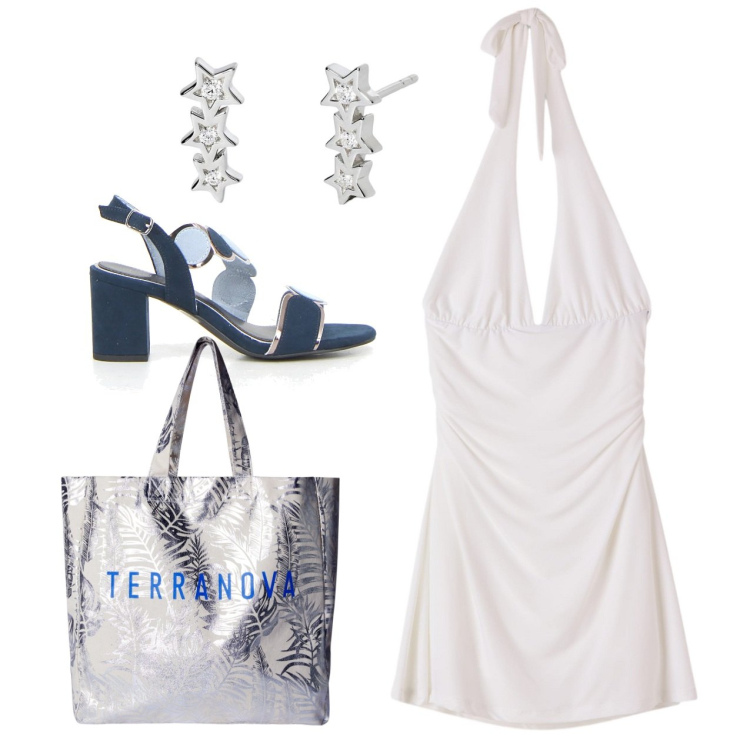 Outfit donna - Stelle d\'estate. Stile Chic per Serata fuori. Abbinamento con borse tote, vestiti corti, orecchini, sandali col tacco.