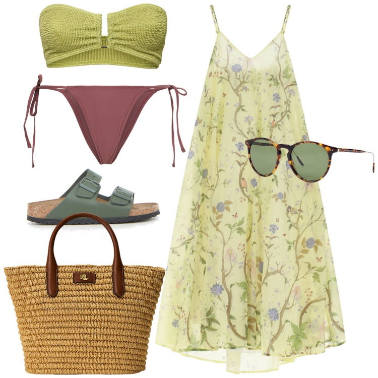 Outfit donna - Romantica al mare. Stile Romantica per Tutti i giorni. Abbinamento con vestiti lunghi, occhiali da sole, borse tote, ciabatte, bikini, bikini.