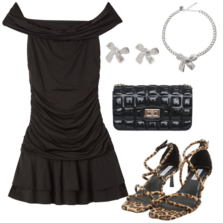 Outfit donna - serata pop. Stile Chic per Serata fuori. Abbinamento con vestiti corti, sandali col tacco, borse a tracolla, collane, orecchini.