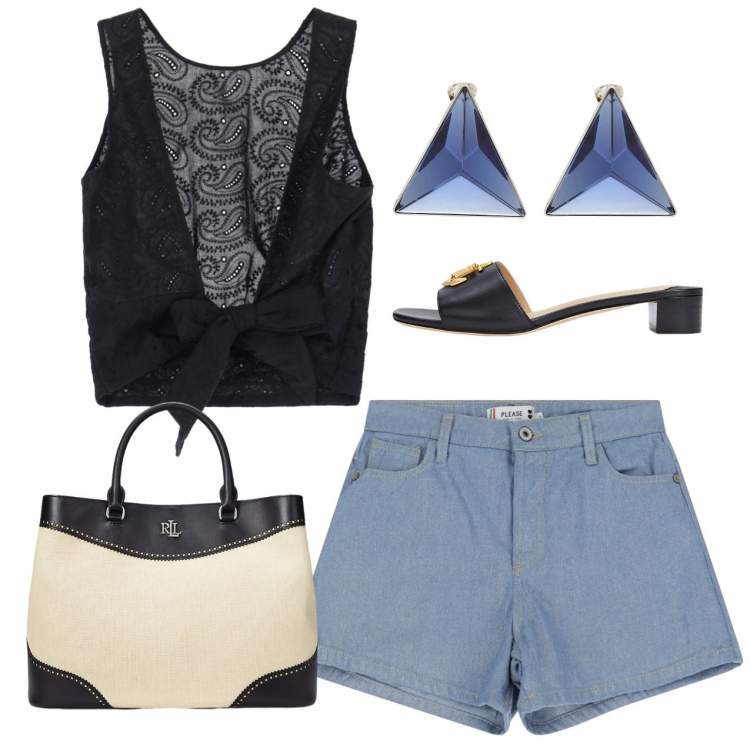 Outfit donna - Aperitivo in shorts. Stile Chic per Serata fuori. Abbinamento con orecchini, shorts, top, borse a mano, sandali in pelle.