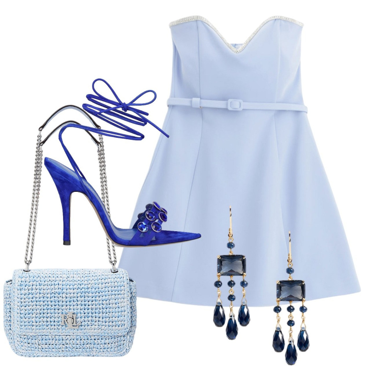 Outfit donna - Damigella blu. Stile Chic per Cerimonia. Abbinamento con vestiti corti, borse a spalla, orecchini, sandali in pelle.