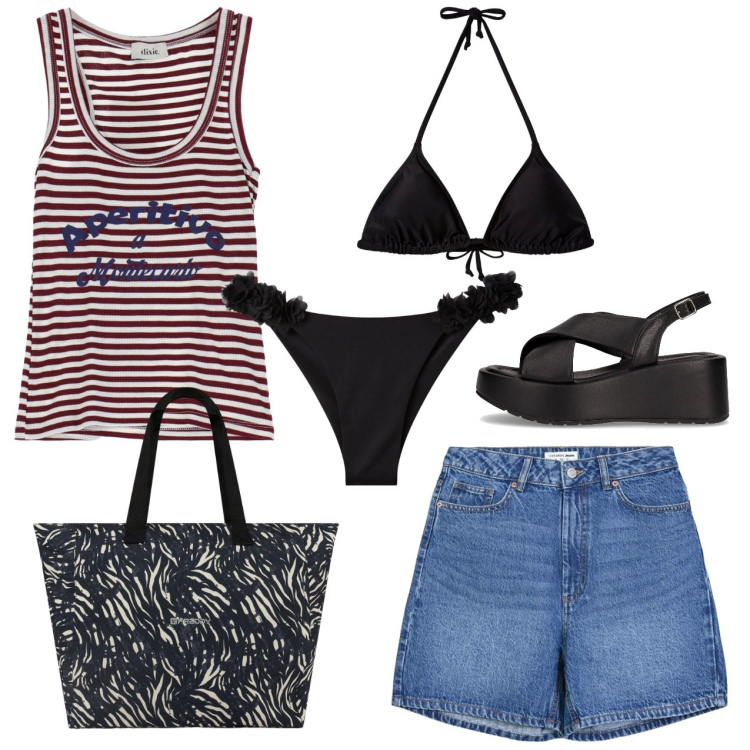 Outfit donna - Mare e righe. Stile Casual per Tutti i giorni. Abbinamento con bermuda, bikini, bikini, shopping bag, top, sandali.