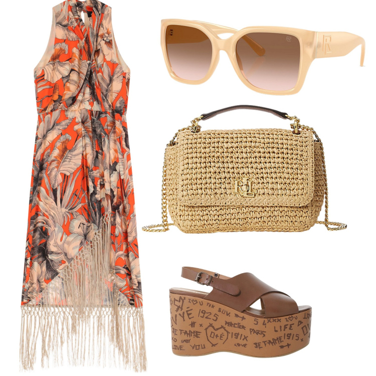 Outfit donna - Vento. Abbinamento con zeppe, vestiti midi/longuette, occhiali da sole, borse a spalla.