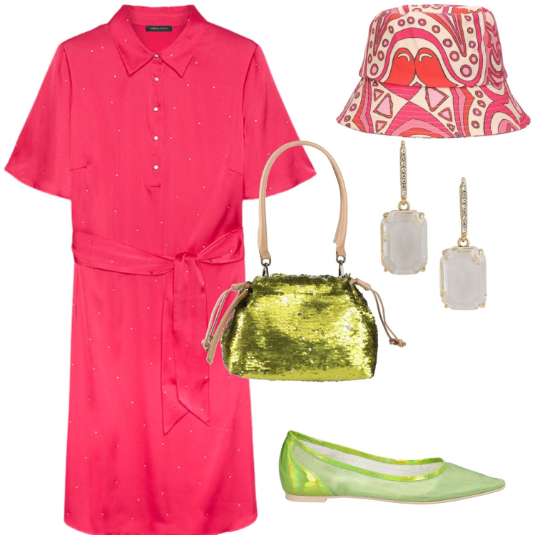 Outfit donna - Alla festa. per Serata fuori. Abbinamento con borse a mano, ballerine, orecchini, vestiti chemisier, cappelli.