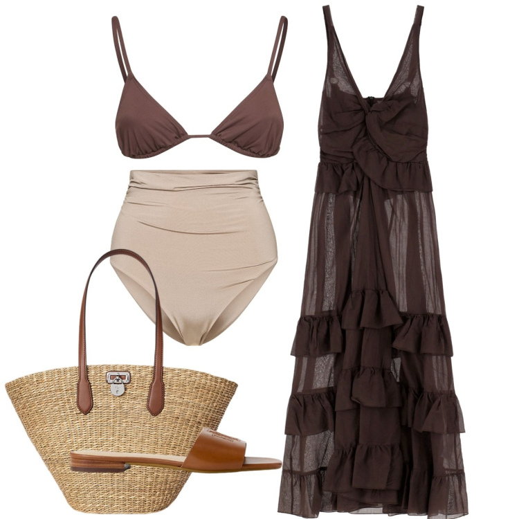 Outfit donna - Marrone. Stile Chic per Mare. Abbinamento con vestiti lunghi, ciabatte, borse tote, bikini, bikini.