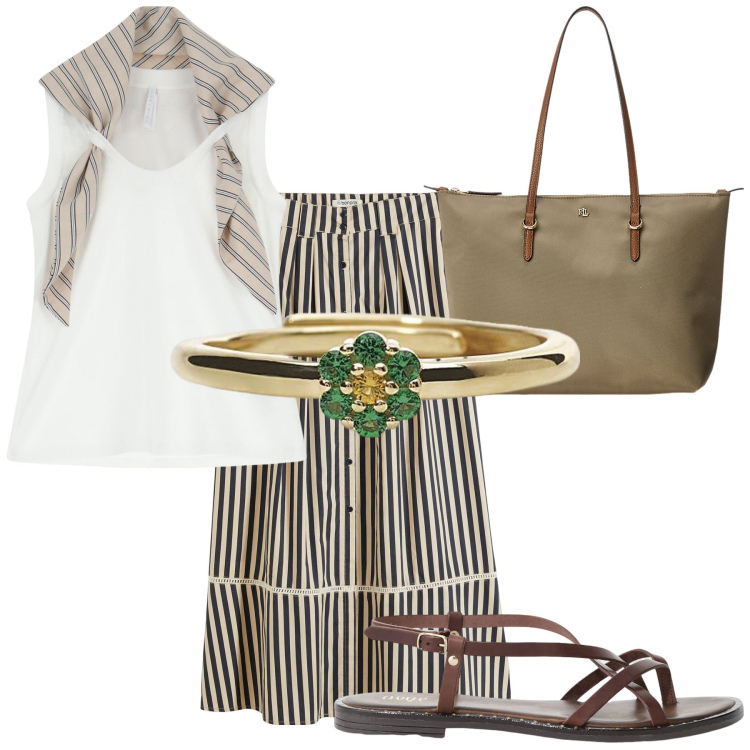 Outfit donna - Rigato per tutti i giorni. Stile Casual per Tutti i giorni. Abbinamento con gonne lunghe, anelli, top, sandali, borse tote.