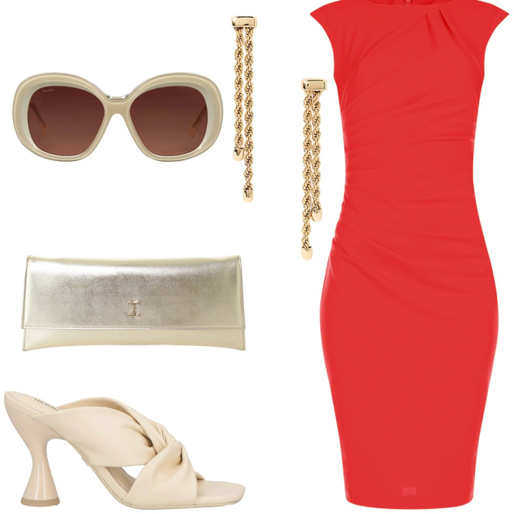 Outfit donna - Total look #2189144. Stile Glamour per Serata fuori. Abbinamento con sandali in pelle, occhiali da sole, pochette, vestiti a tubino, orecchini.