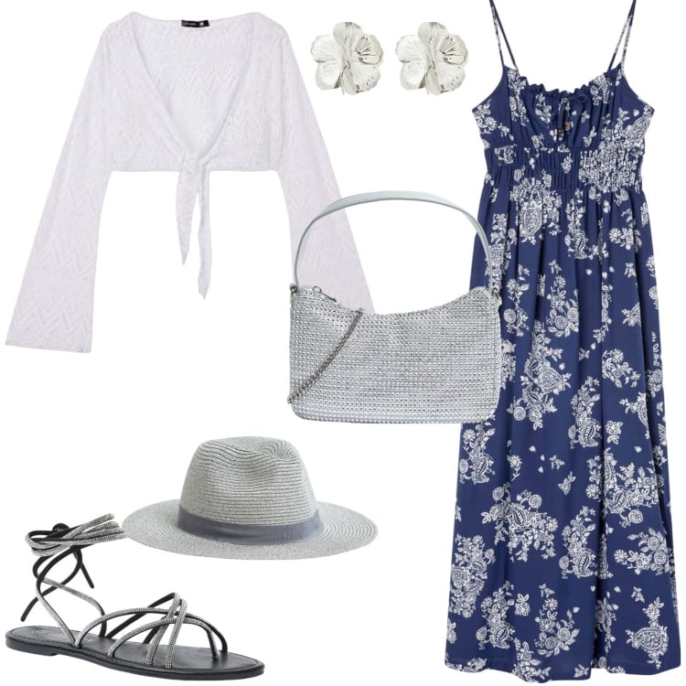 Outfit donna - Total look #2189149. Stile Boho per Tutti i giorni. Abbinamento con borse a tracolla, sandali alla schiava, cappelli, vestiti lunghi, bolero, orecchini.
