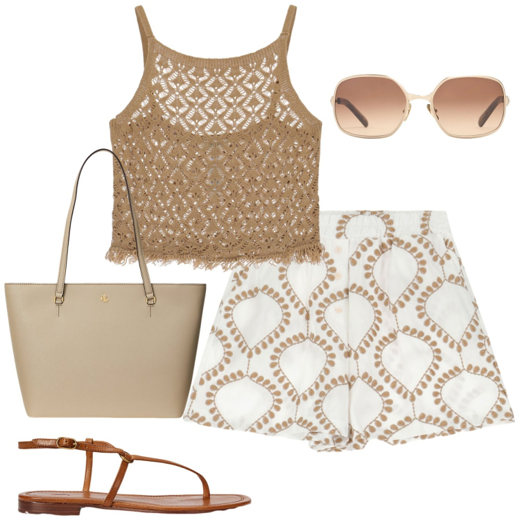 Outfit donna - Summertime. Stile Casual chic per Tutti i giorni. Abbinamento con shorts, top, borse tote, sandali in pelle, occhiali da sole.