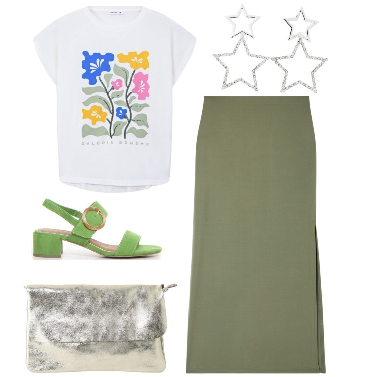 Outfit donna - Fiori e stelle. Stile Bon Ton per Tutti i giorni. Abbinamento con gonne lunghe, t-shirt, orecchini, borse a tracolla, sandali col tacco.