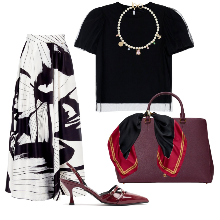 Outfit donna - Serate estive. per Serata fuori. Abbinamento con gonne lunghe, t-shirt, borse a mano, foulard, ciondoli, décolleté.