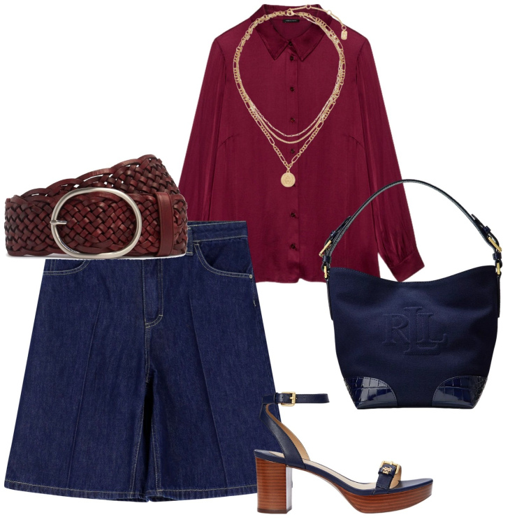 Outfit donna - A lavoro. per Ufficio. Abbinamento con shorts, ciondoli, sandali in pelle, borse a secchiello, camicie, cinture.