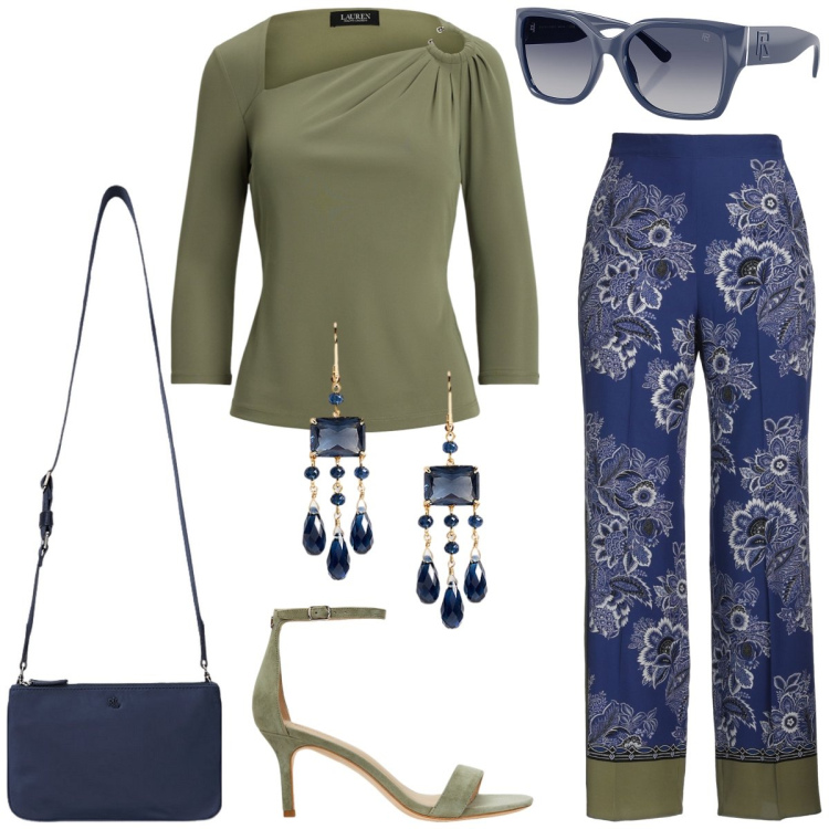 Outfit donna - In vacanza. Stile Etnico per Tutti i giorni. Abbinamento con pantaloni, occhiali da sole, borse a tracolla, top, sandali in pelle, orecchini.