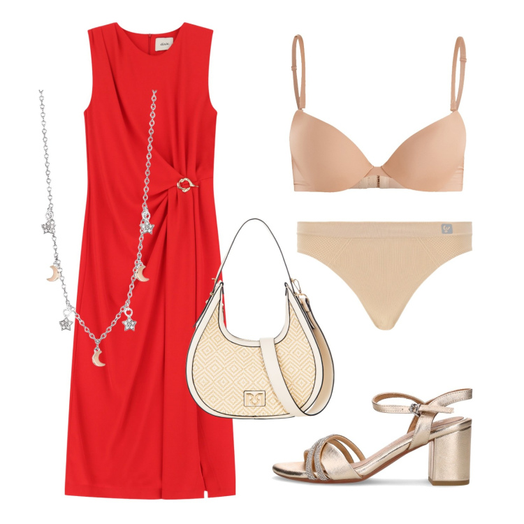 Outfit donna - Eleganza in rosso. Stile Urban per Cerimonia. Abbinamento con collane, reggiseni push-up, borse a mano, perizomi, vestiti midi/longuette, sandali in pelle.