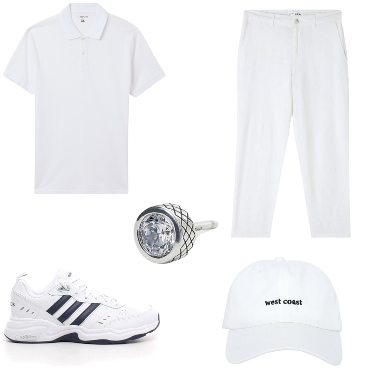 Outfit uomo - Look monocromatico bianco. Stile Casual per Tutti i giorni. Abbinamento con pantaloni, cappelli, polo, orecchini, sneakers.