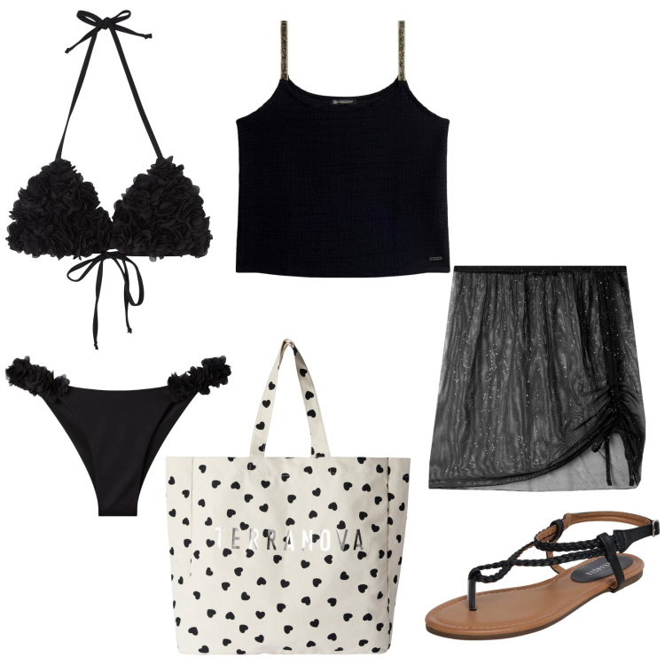 Outfit donna - Primo giorno di mare. Stile Glamour per Mare. Abbinamento con bikini, vestiti da spiaggia, ciabatte, bikini, borse tote, canottiere.