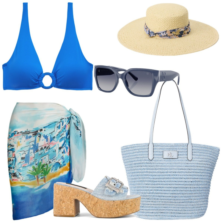 Outfit donna - Primo giorno di mare. Stile Casual chic per Mare. Abbinamento con occhiali da sole, vestiti da spiaggia, borse tote, bikini, cappelli, sandali.