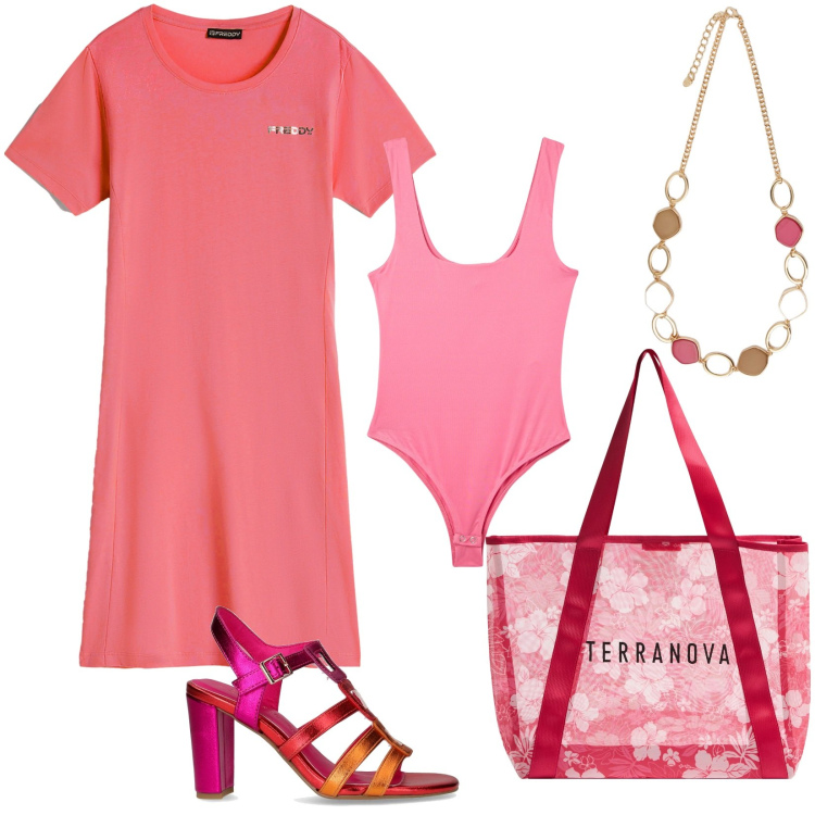 Outfit donna - Estate sporty chic. Stile Sporty chic per Tutti i giorni. Abbinamento con shopping bag, body, vestiti corti, collane, sandali col tacco.