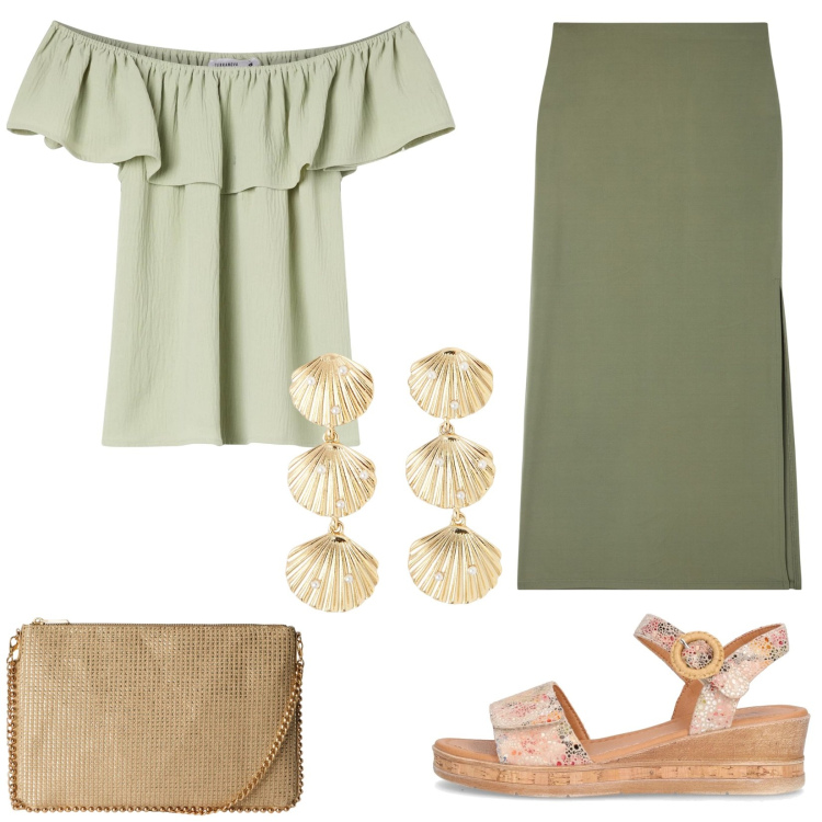 Outfit donna - Sensuale e comoda. Stile Basic per Tutti i giorni. Abbinamento con gonne lunghe, borse a tracolla, bluse, orecchini, sandali.