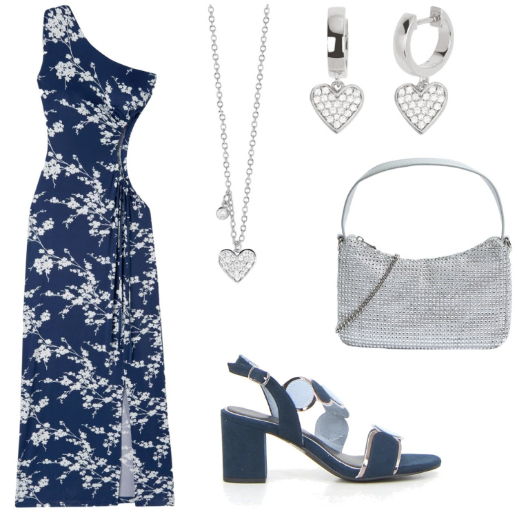 Outfit donna - Vestito monospalla a fiori. Stile Casual chic per Serata fuori. Abbinamento con vestiti asimmetrici, borse a tracolla, orecchini, collane, sandali col tacco.