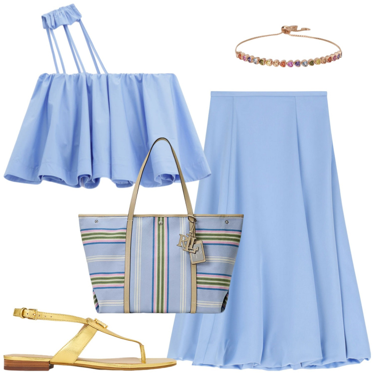 Outfit donna - Azzurro. Stile Casual chic per Tutti i giorni. Abbinamento con braccialetti, gonne longuette, top, sandali in pelle, borse tote.