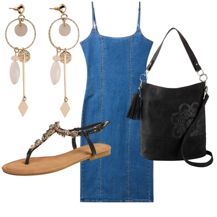 Outfit donna - Tubino denim. Stile Casual chic per Tutti i giorni. Abbinamento con orecchini, borse a mano, vestiti a tubino, sandali gioiello.