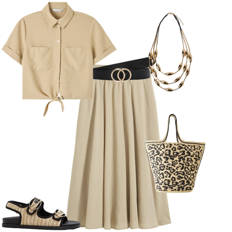 Outfit donna - Total look #2189202. Stile Basic per Ufficio. Abbinamento con gonne longuette, shopping bag, sandali, camicie a manica corta, cinture, collane.