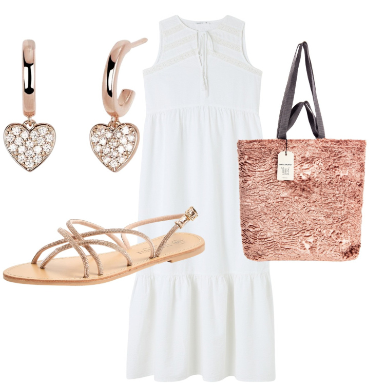 Outfit donna - Abito bianco. Stile Casual per Tutti i giorni. Abbinamento con sandali, vestiti, orecchini, borse tote.