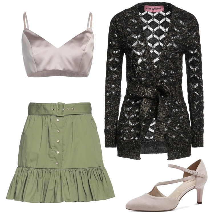 Outfit femme - Shiny. Style Sexy pour Soirée dehors. Assortir avec gilets, minijupes, chaussures à talon, hauts.