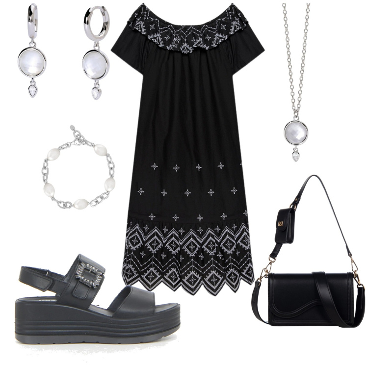 Outfit donna - Total look #2189221. Stile Boho per Serata fuori. Abbinamento con orecchini, braccialetti, collane, pochette, vestiti lunghi, sandali.