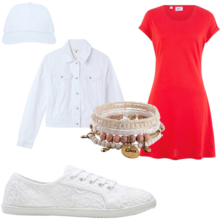 Outfit donna - Pomeriggio sport. Stile Sporty chic per Tutti i giorni. Abbinamento con vestiti, braccialetti, sneakers, cappelli con visiera, blazer.