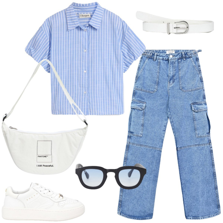 Outfit donna - Scuola. Stile Casual per Tutti i giorni. Abbinamento con camicie, sneakers, jeans, marsupi, cinture, occhiali da sole.