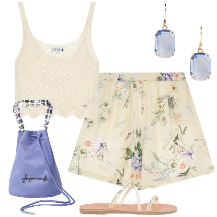 Outfit donna - City. Stile Romantica per Tutti i giorni. Abbinamento con sandali in pelle, top, borse a secchiello, pantaloni corti, orecchini.