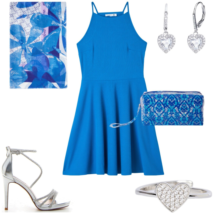 Outfit donna - Total look #2189227. Stile Chic per Serata fuori. Abbinamento con pochette, vestiti corti, orecchini, anelli, stole, sandali col tacco.