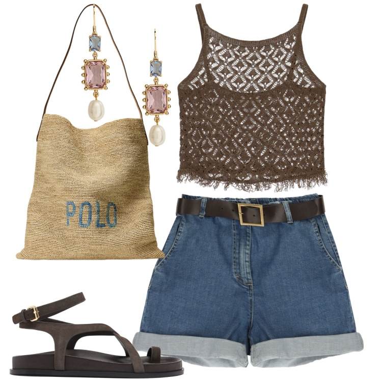 Outfit donna - Summer vibes. Stile Casual per Tutti i giorni. Abbinamento con bermuda, top, borse tote, orecchini, sandali in pelle.