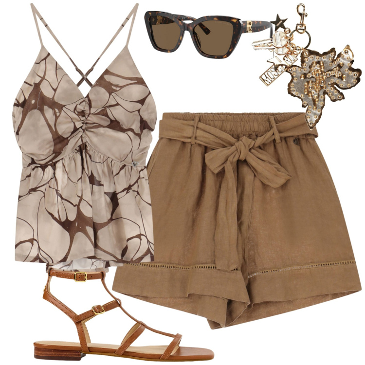 Outfit donna - Summertime. Stile Casual chic per Tutti i giorni. Abbinamento con portachiavi, canottiere, shorts, occhiali da sole, sandali.