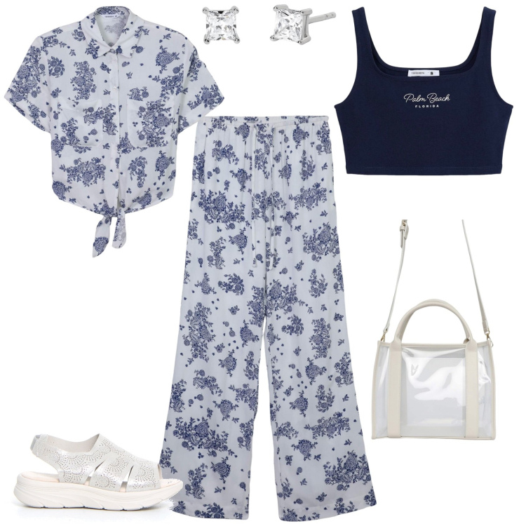 Outfit donna - Total look #2189231. Stile Romantica per Tutti i giorni. Abbinamento con borse tote, top, pantaloni, camicie, orecchini, sandali.