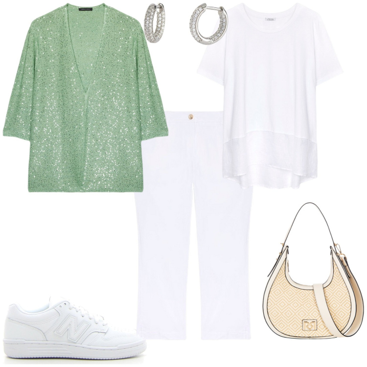 Outfit donna - Total look #2189234. Stile Trendy per Tutti i giorni. Abbinamento con orecchini, borse a mano, bluse, cardigans, pantaloni, sneakers.
