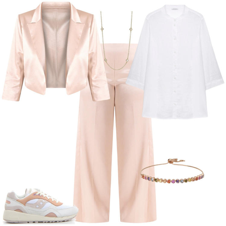 Outfit donna - Total look #2189237. Stile Trendy per Serata fuori. Abbinamento con collane, braccialetti, blazer, pantaloni a palazzo, camicie, sneakers.