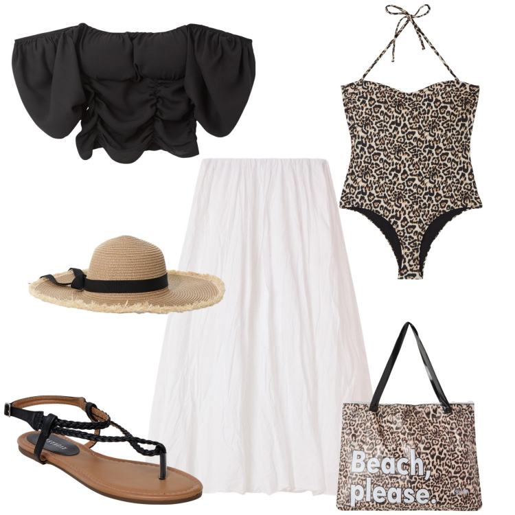 Outfit donna - Total look #2189255. Stile Boho per Mare. Abbinamento con costumi interi, ciabatte, bluse, borse tote, gonne lunghe, cappelli.