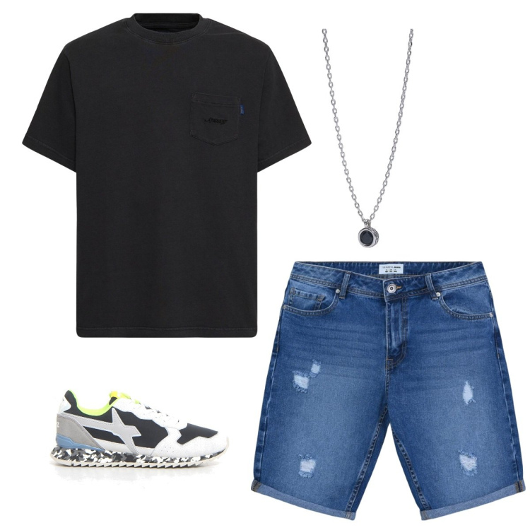 Outfit uomo - Serata al mare. Stile Casual per Mare. Abbinamento con bermuda, collane, sneakers, t-shirt.