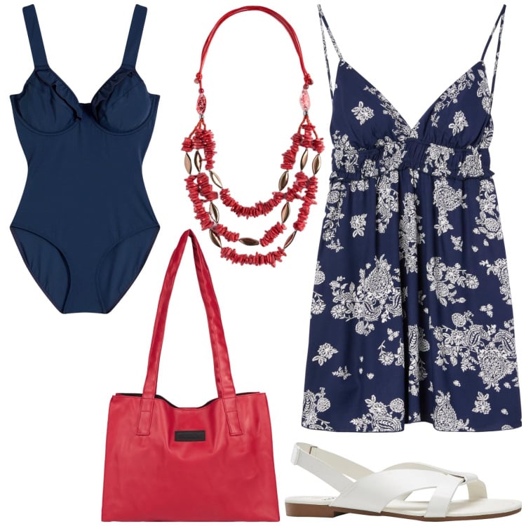 Outfit donna - Total look #2189275. Stile Casual per Mare. Abbinamento con sandali, costumi interi, vestiti corti, shopping bag, collane.
