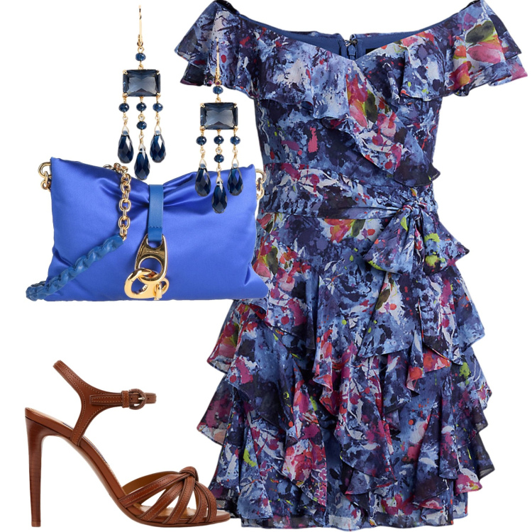 Outfit donna - Cerimonia. Stile Romantica per Cerimonia. Abbinamento con borse a tracolla, vestiti, sandali col tacco, orecchini.