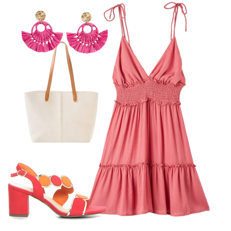 Outfit donna - Al mare. Stile Minimal per Mare. Abbinamento con orecchini, shopping bag, vestiti corti, sandali col tacco.