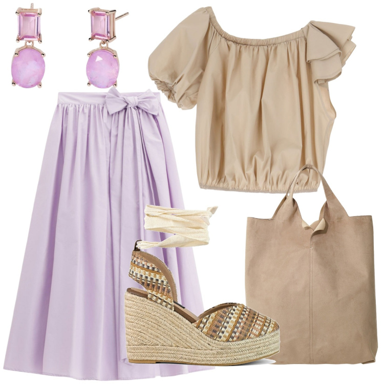 Outfit donna - Volumi anni \'80. Stile Vintage retrò per Tutti i giorni. Abbinamento con orecchini, top, gonne lunghe, shopping bag, zeppe.